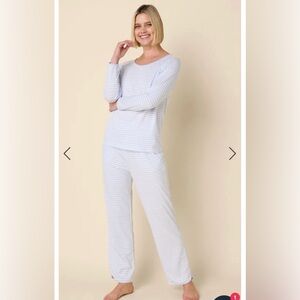 The Cat’s Pajamas Striped Blue White Quiet Luxury Loungewear Pajamas Size XL NWT